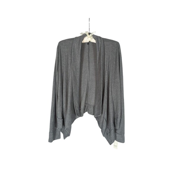 Check and Stripe Sweaters - Check and Stripe Cardigan L Women's Gray Draped Open Front Pockets Sweater